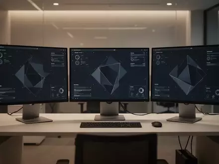 Ein moderner, minimalistischer Arbeitsplatz mit drei Bildschirmen und abstrakten Benutzeroberflächen in einem dunklen Büro. - Foto: über boerse-global.de