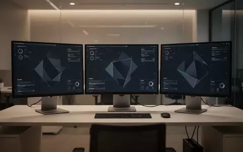 Ein moderner, minimalistischer Arbeitsplatz mit drei Bildschirmen und abstrakten Benutzeroberflächen in einem dunklen Büro. - Foto: über boerse-global.de