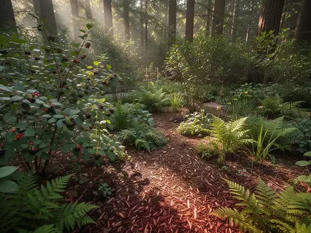 Ein naturnaher Waldgarten mit üppiger Vegetation, Beerensträuchern und nährstoffreichem Boden im Sonnenlicht. - Foto: über boerse-global.de
