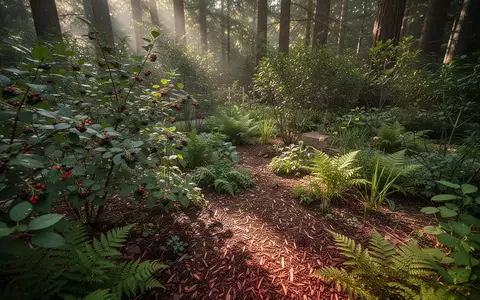 Ein naturnaher Waldgarten mit üppiger Vegetation, Beerensträuchern und nährstoffreichem Boden im Sonnenlicht. - Foto: über boerse-global.de