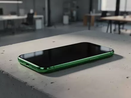 Ein modernes, grünes Smartphone liegt auf einer minimalistischen Betonoberfläche in einem hellen, professionellen Umfeld. - Foto: über boerse-global.de
