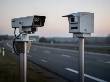 Eine moderne Radarfalle an einem Metallmast neben einer leeren Landstraße bei Dämmerung. - Foto: über boerse-global.de