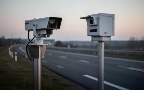 Eine moderne Radarfalle an einem Metallmast neben einer leeren Landstraße bei Dämmerung. - Foto: über boerse-global.de
