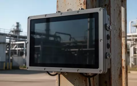Ein robustes Industrie-Display montiert an einer Metallsäule im Außenbereich bei hellem Tageslicht. - Foto: über boerse-global.de