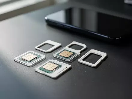 Mehrere SIM-Karten liegen auf einem dunklen Schreibtisch neben einem Smartphone. - Foto: über boerse-global.de