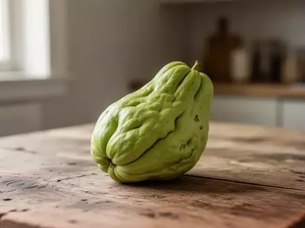 Eine frische, hellgrüne Chayote-Frucht liegt auf einem hölzernen Küchentisch bei natürlichem Licht. - Foto: über boerse-global.de