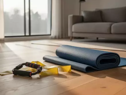Widerstandsbänder und eine zusammengerollte Fitnessmatte auf einem hellen Holzboden in einem sonnendurchfluteten Raum. - Foto: über boerse-global.de