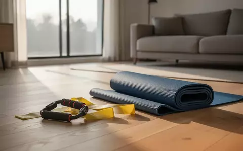 Widerstandsbänder und eine zusammengerollte Fitnessmatte auf einem hellen Holzboden in einem sonnendurchfluteten Raum. - Foto: über boerse-global.de