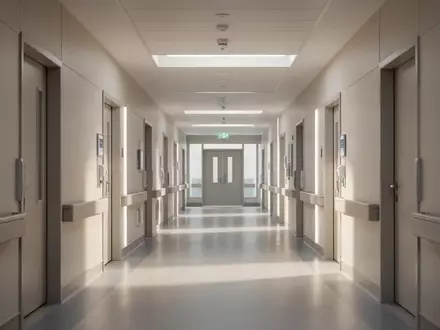 Moderner, minimalistischer Krankenhausflur mit geometrischen Linien und natürlichem Licht. - Foto: über boerse-global.de