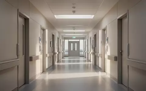 Moderner, minimalistischer Krankenhausflur mit geometrischen Linien und natürlichem Licht. - Foto: über boerse-global.de
