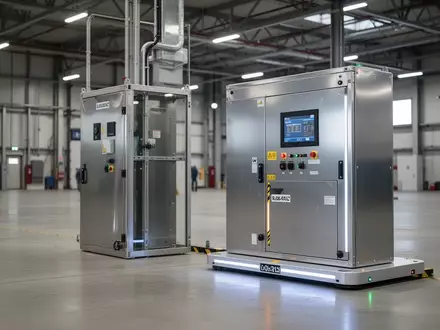 Industrielle Ladestation für fahrerlose Transportsysteme mit einem Sicherheitsschrank in einer Lagerhalle. - Foto: über boerse-global.de