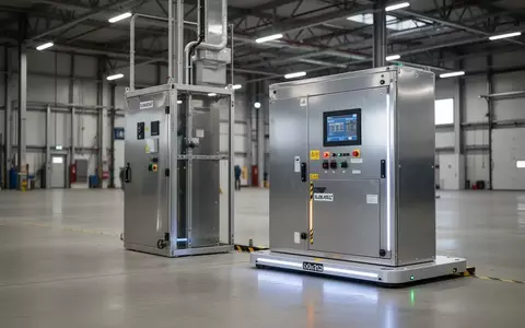 Industrielle Ladestation für fahrerlose Transportsysteme mit einem Sicherheitsschrank in einer Lagerhalle. - Foto: über boerse-global.de