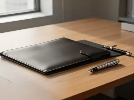 Ein minimalistischer Büroschreibtisch mit einer leeren Ledermappe und einem Füllfederhalter bei natürlichem Tageslicht. - Foto: über boerse-global.de