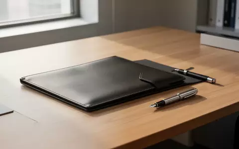 Ein minimalistischer Büroschreibtisch mit einer leeren Ledermappe und einem Füllfederhalter bei natürlichem Tageslicht. - Foto: über boerse-global.de
