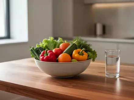 Frisches Gemüse und ein Glas Wasser auf einem Holztisch in einer hellen Küche als Symbol für bewusste Ernährung. - Foto: über boerse-global.de