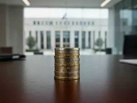 Ein Stapel Euro-Münzen auf einem dunklen Holztisch vor einem unscharfen bürokratischen Hintergrund. - Foto: über boerse-global.de