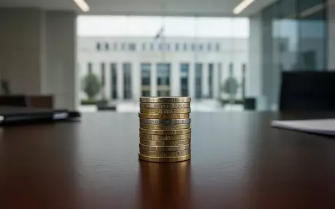 Ein Stapel Euro-Münzen auf einem dunklen Holztisch vor einem unscharfen bürokratischen Hintergrund. - Foto: über boerse-global.de