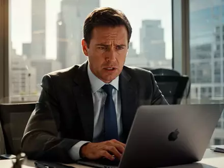 Ein besorgter Investor schaut auf einen Laptop-Bildschirm in einem modernen Büro. - Foto: über boerse-global.de