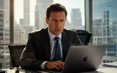 Ein besorgter Investor schaut auf einen Laptop-Bildschirm in einem modernen Büro. - Foto: über boerse-global.de