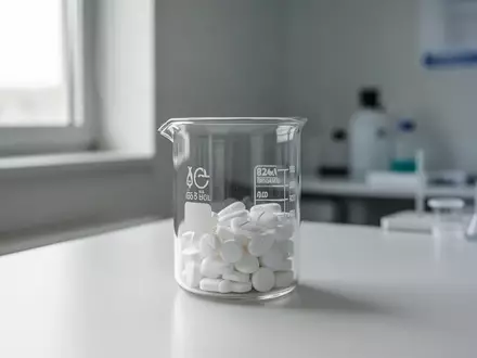 Weiße medizinische Tabletten in einem Glasgefäß auf einem sterilen Labortisch in einer klinischen Forschungsumgebung. - Foto: über boerse-global.de