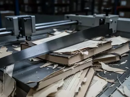 Ein industrieller Papierschneider neben einem Stapel zerschnittener Buchrücken in einer Lagerhalle. - Foto: über boerse-global.de
