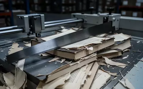 Ein industrieller Papierschneider neben einem Stapel zerschnittener Buchrücken in einer Lagerhalle. - Foto: über boerse-global.de