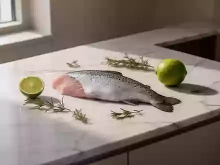 Frischer Fisch und Limetten auf einer hellen Küchenarbeitsplatte in einer minimalistischen, professionellen Küche. - Foto: über boerse-global.de