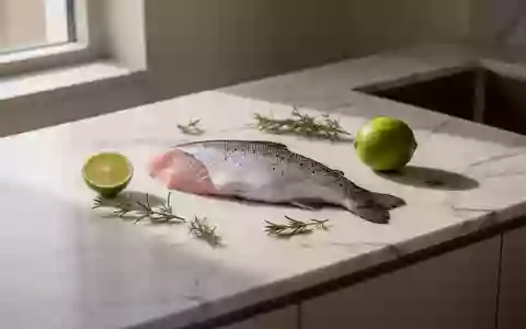 Frischer Fisch und Limetten auf einer hellen Küchenarbeitsplatte in einer minimalistischen, professionellen Küche. - Foto: über boerse-global.de