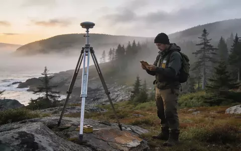 Ein Geologe bei der Untersuchung von Bodenproben in einer nebligen Küstenlandschaft in Nova Scotia. - Foto: über boerse-global.de