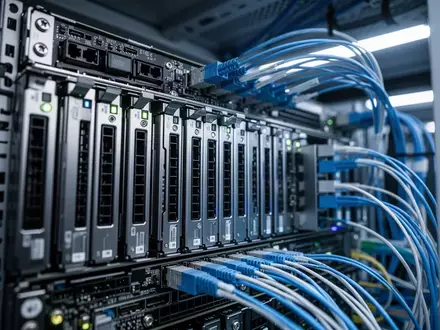 Nahaufnahme von Server-Hardware und Glasfaserverkabelung in einem modernen Hochleistungs-Rechenzentrum. - Foto: über boerse-global.de