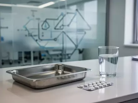 Ein steriles, modernes Arztzimmer mit einem leeren medizinischen Tablett und einer Blisterpackung auf einem weißen Tisch. - Foto: über boerse-global.de