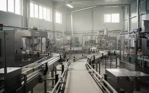 Moderne Produktionshalle einer Lebensmittelfabrik mit Edelstahlanlagen und Förderbändern in Sachsen-Anhalt. - Foto: über boerse-global.de