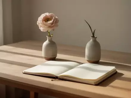 Eine minimalistische, ruhige Szene mit einer einzelnen Blume in einer Vase und einem leeren Notizbuch bei natürlichem Licht. - Foto: über boerse-global.de