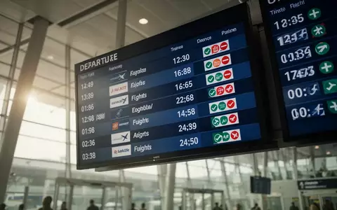 Moderne Anzeigetafel in einem Flughafen-Terminal mit Flugziel-Symbolen vor einer hellen Fensterfront. - Foto: über boerse-global.de