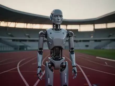 Ein hochmoderner humanoider Roboter steht auf einer professionellen Leichtathletikbahn in einem Stadion. - Foto: über boerse-global.de