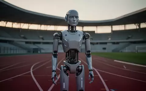 Ein hochmoderner humanoider Roboter steht auf einer professionellen Leichtathletikbahn in einem Stadion. - Foto: über boerse-global.de