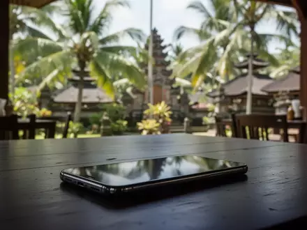 Ein dunkles Smartphone auf einem Holztisch vor einer unscharfen tropischen Kulisse auf Bali. - Foto: über boerse-global.de