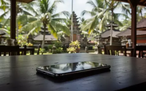 Ein dunkles Smartphone auf einem Holztisch vor einer unscharfen tropischen Kulisse auf Bali. - Foto: über boerse-global.de