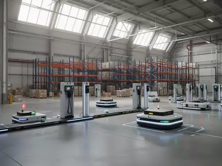 Automatisierte fahrerlose Transportsysteme an Ladestationen in einer modernen Logistikhalle. - Foto: über boerse-global.de