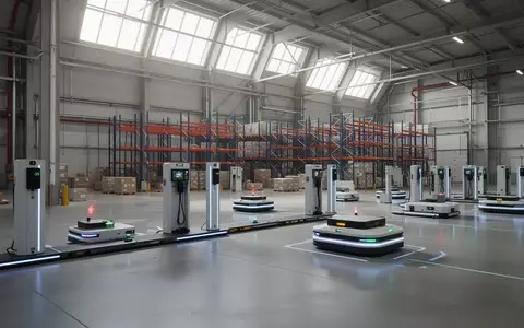 Automatisierte fahrerlose Transportsysteme an Ladestationen in einer modernen Logistikhalle. - Foto: über boerse-global.de