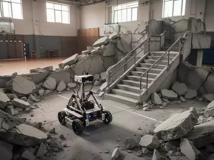 Ein Rettungsroboter-Prototyp navigiert durch einen komplexen Hindernisparcours aus Trümmern und Treppen in einer Sporthalle. - Foto: über boerse-global.de