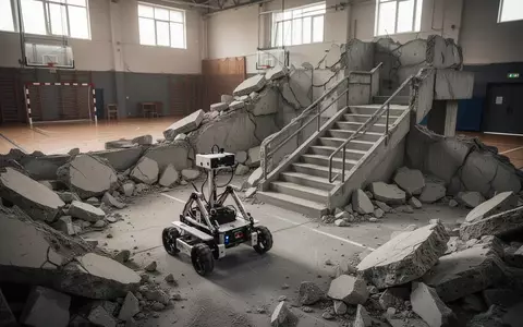 Ein Rettungsroboter-Prototyp navigiert durch einen komplexen Hindernisparcours aus Trümmern und Treppen in einer Sporthalle. - Foto: über boerse-global.de