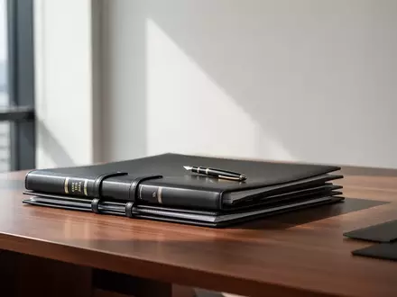 Ein moderner, minimalistischer Schreibtisch mit juristischen Aktenordnern und einem Füllfederhalter in hellem Tageslicht. - Foto: über boerse-global.de