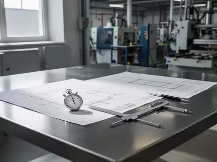 Ein aufgeräumter industrieller Arbeitsplatz mit Messwerkzeugen, einer Stoppuhr und technischen Plänen auf einer Metallfläche. - Foto: über boerse-global.de