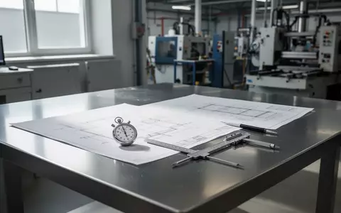 Ein aufgeräumter industrieller Arbeitsplatz mit Messwerkzeugen, einer Stoppuhr und technischen Plänen auf einer Metallfläche. - Foto: über boerse-global.de