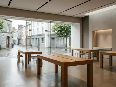 Modernes, minimalistisches Interieur eines Mobilfunkgeschäfts mit leeren Präsentationstischen und neutralem Design. - Foto: über boerse-global.de
