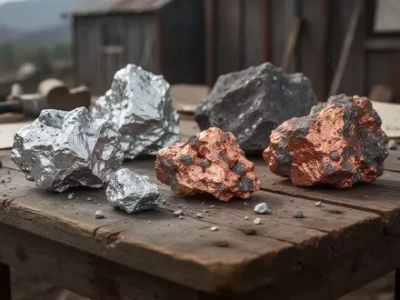Nahaufnahme von silber- und kupferhaltigen Mineralproben auf einem Holztisch in einem Bergbaucamp. - Foto: über boerse-global.de