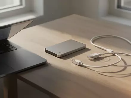 Ein moderner Schreibtisch mit einem Laptop und einer externen Festplatte in natürlichem Tageslicht. - Foto: über boerse-global.de