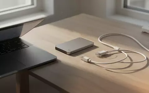 Ein moderner Schreibtisch mit einem Laptop und einer externen Festplatte in natürlichem Tageslicht. - Foto: über boerse-global.de