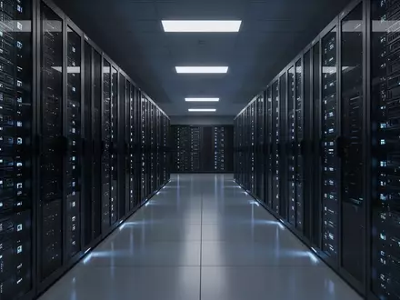 Moderne Serverräume in einem Rechenzentrum mit blau beleuchteten Server-Racks in einer sterilen, professionellen Umgebung. - Foto: über boerse-global.de